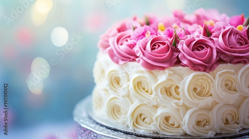 Close-up of a white birthday cake with pink icing roses, set against a smooth, softly blurred background. No people.