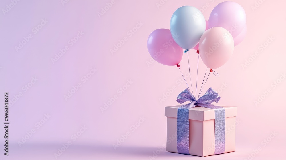 Elegant Happy Birthday design with pastel balloons and a wrapped gift box, set on a smooth gradient background. Focus point, no logo, no people. Elegant Happy Birthday design with pastel balloons and a wrapped gift box, set on a smooth gradient background. Focus point, no logo, no people.