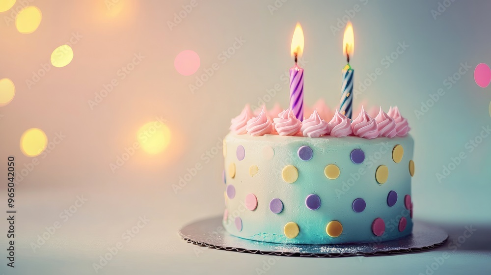 Festive birthday cake with polka dots and vibrant frosting, smooth background with a gentle light gradient. No people. Festive birthday cake with polka dots and vibrant frosting, smooth background with a gentle light gradient. No people.