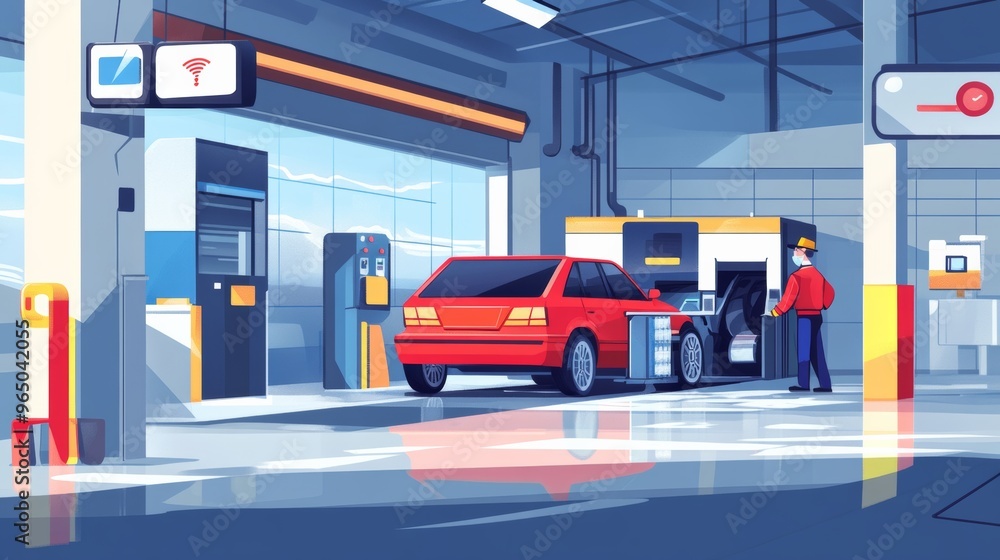 Fototapeta premium A red car undergoing automated maintenance in a modern, high-tech service station, with a technician overseeing the process.
