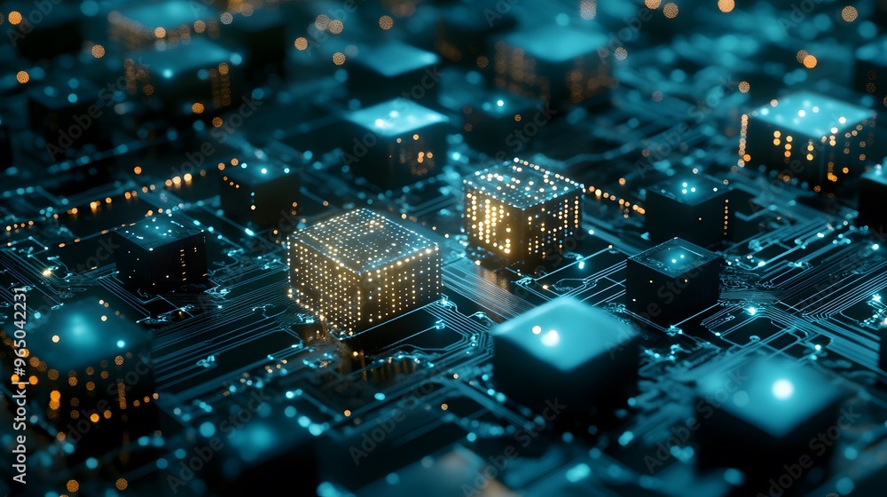  Intricate Data Cubes on Circuit Boards: A Futuristic Depiction of Big Data in Action
