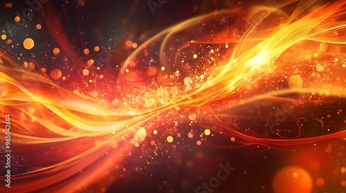 An intense abstract image featuring fiery red and orange energy waves, glowing particles, and dynamic light trails.