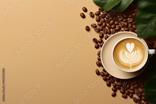 Coffee latte and coffee beans and coffee leaves on 1 color background, shot from above and copy-space with generativ ai