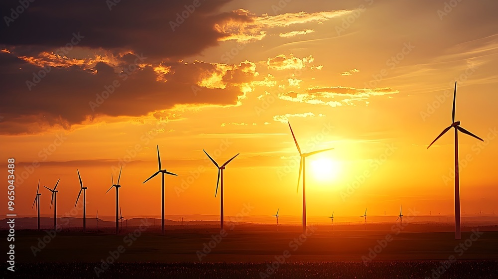 Obraz premium Majestic Sunset Over Towering Wind Turbines Capturing the Power of Renewable Energy