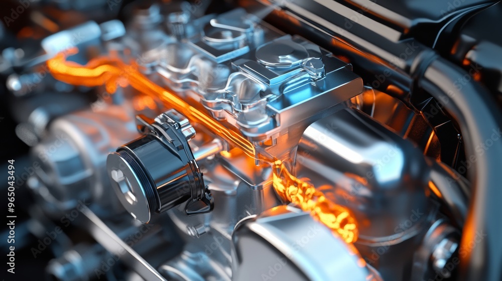 Fototapeta premium A close-up view of a shiny, modern engine component with illuminated orange accents and intricate detailing showcasing advanced engineering.