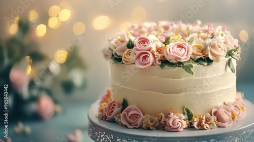 Realistic birthday cake with floral buttercream details, smooth, softly lit background with a warm glow. Focus point, no people.