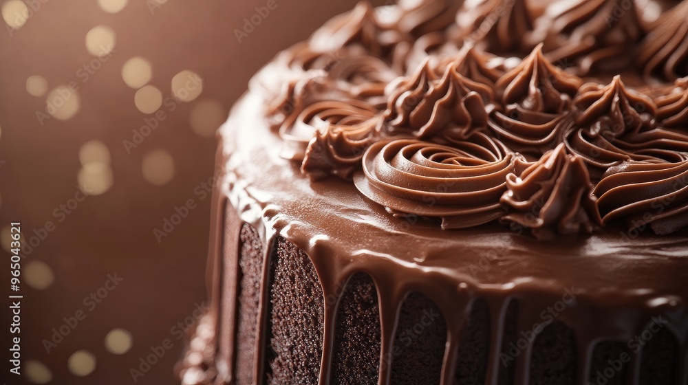 Realistic chocolate birthday cake with frosting swirls, smooth background featuring soft, warm light. Focus point, no people. Realistic chocolate birthday cake with frosting swirls, smooth background featuring soft, warm light. Focus point, no people.