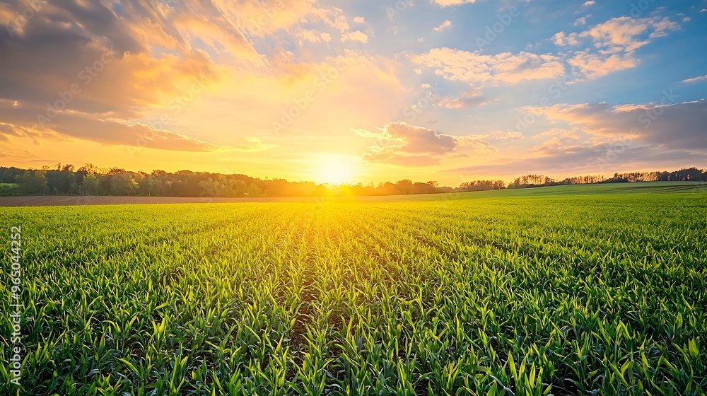 Breathtaking Sunset Over Lush Green Farmland Landscape Breathtaking Sunset Over Lush Green Farmland Landscape