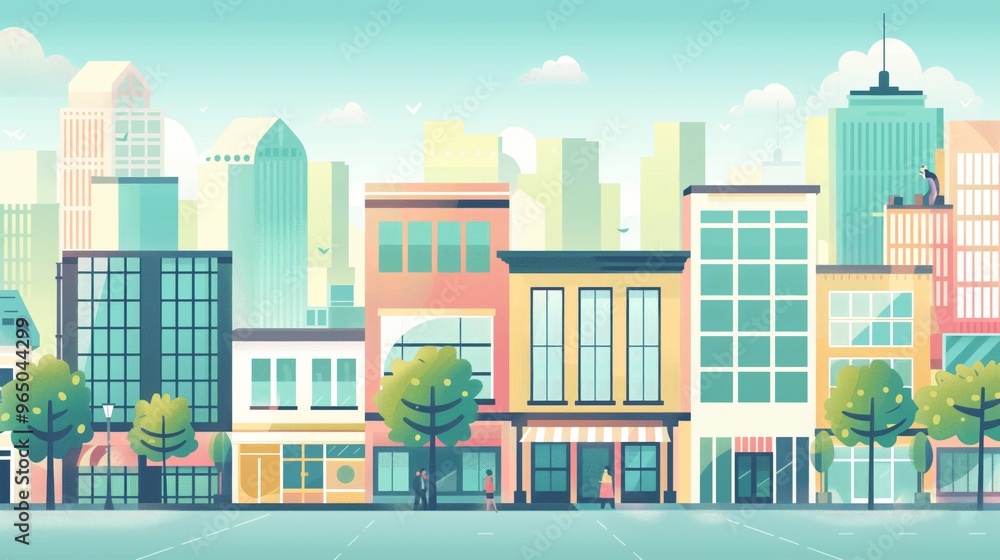 Fototapeta premium Colorful Urban Cityscape Illustration with Modern Buildings, Trees, and People Walking in the Street