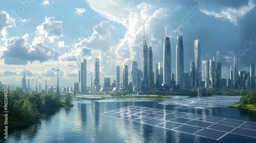 Futuristic Skyline of a Bustling Metropolis with Towering Skyscrapers and Reflective River photo