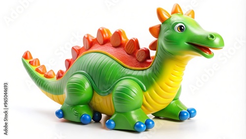 A bright green plastic dinosaur sits atop a sleek, chroma-white surface, its vibrant colors popping against the neutral