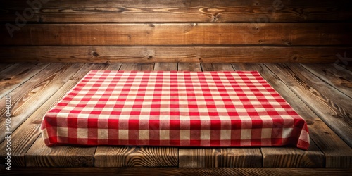 A checkered tablecloth in vintage red and white is carefully arranged on a sturdy wooden square, surrounded by photo