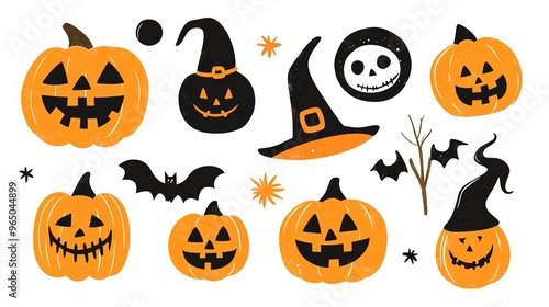 Happy Halloween set on a white background, featuring a collection of festive elements. This design includes various Halloween-themed items such as pumpkins, ghosts, bats, and candies,