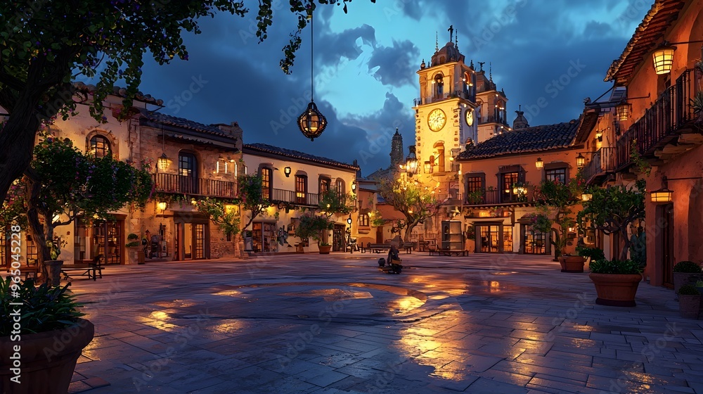 Fototapeta premium Enchanting Historic Town Center with Illuminated Clock Tower at Night