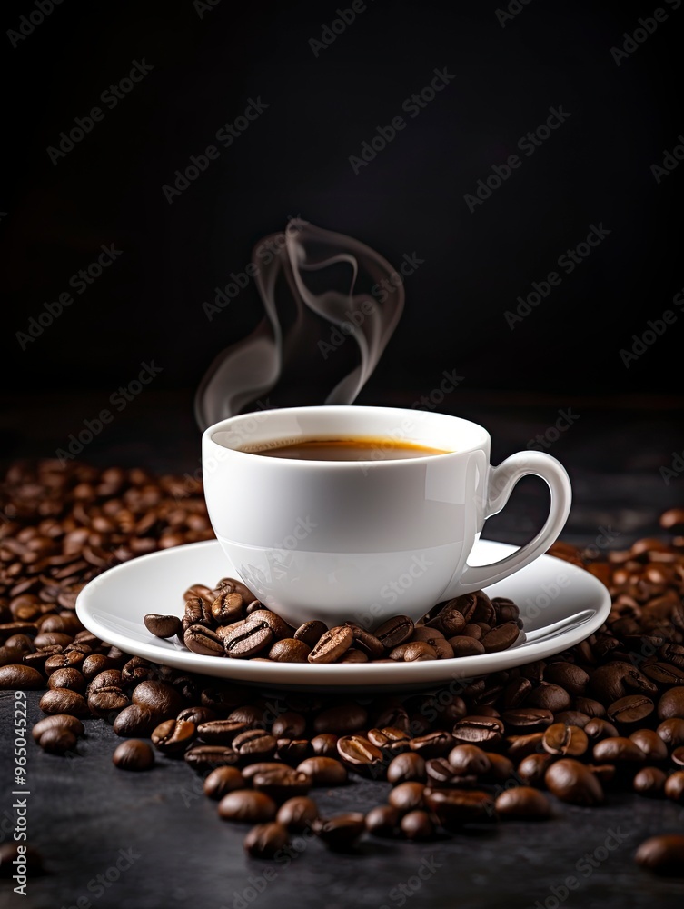 International Coffee Day. White coffee cup stock image. White coffee cup on dark background. Cup of coffee with coffee beans. Coffee Day poster, October 1. with generative ai International Coffee Day. White coffee cup stock image. White coffee cup on dark background. Cup of coffee with coffee beans. Coffee Day poster, October 1. with generative ai