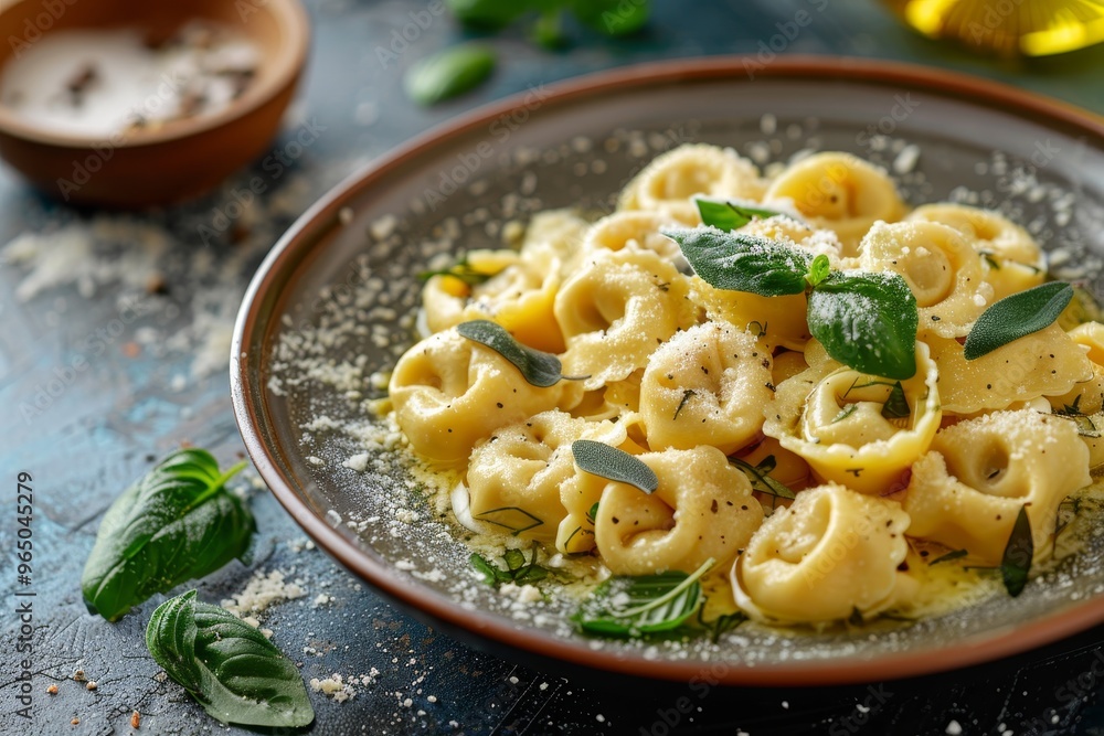 A plate of freshly made tortellini with sage butter sauce A plate of freshly made tortellini with sage butter sauce