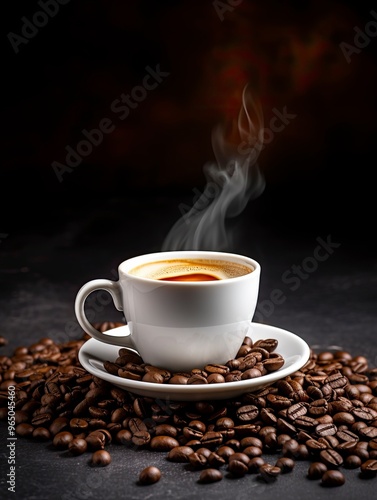 International Coffee Day. White coffee cup stock image. White coffee cup on dark background. Cup of coffee with coffee beans. Coffee Day poster, October 1. with generative ai