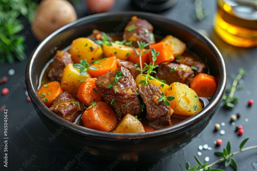 A bowl of Italian beef stew with carrots and potatoes A bowl of Italian beef stew with carrots and potatoes