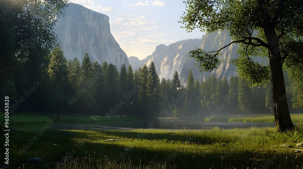 Obraz premium Stunning Landscape with Majestic Mountains and Serene Lake in Lush Forest