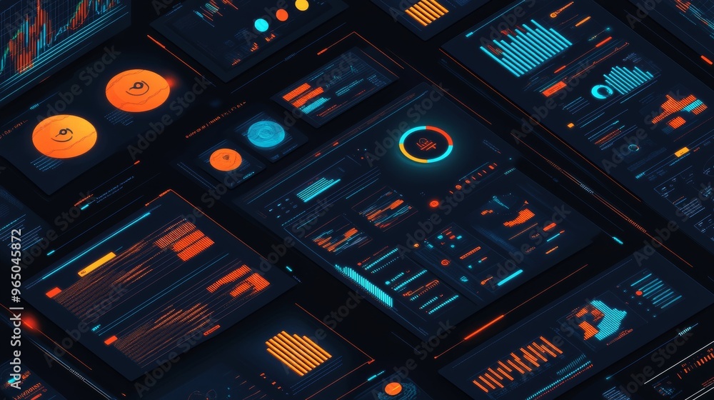 A vibrant display of digital analytics and data visualizations on multiple screens, showcasing graphs, charts, and statistical information in a futuristic design. A vibrant display of digital analytics and data visualizations on multiple screens, showcasing graphs, charts, and statistical information in a futuristic design.