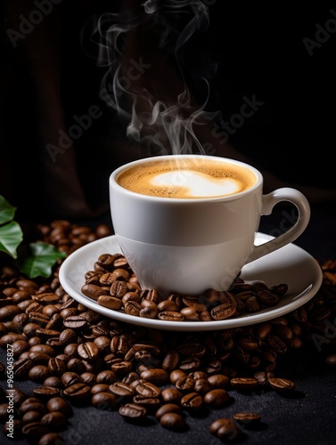 International Coffee Day. White coffee cup stock image. White coffee cup on dark background. Cup of coffee with coffee beans. Coffee Day poster, October 1. with generative ai