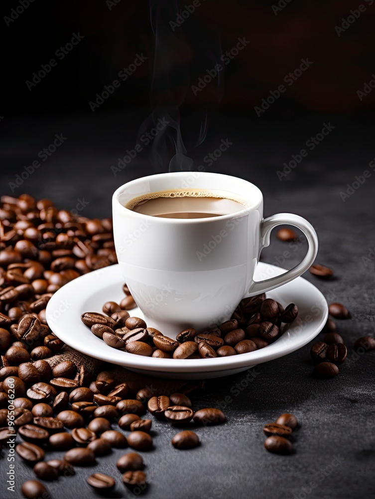 Obraz premium International Coffee Day. White coffee cup stock image. White coffee cup on dark background. Cup of coffee with coffee beans. Coffee Day poster, October 1. with generative ai