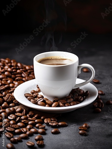 International Coffee Day. White coffee cup stock image. White coffee cup on dark background. Cup of coffee with coffee beans. Coffee Day poster, October 1. with generative ai