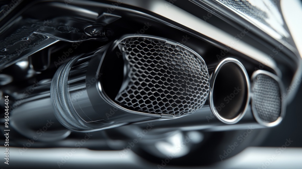 Close-up image of a car's exhaust system, showcasing the details of the metallic exhaust pipes and the intricate design of the mesh structure. Close-up image of a car's exhaust system, showcasing the details of the metallic exhaust pipes and the intricate design of the mesh structure.