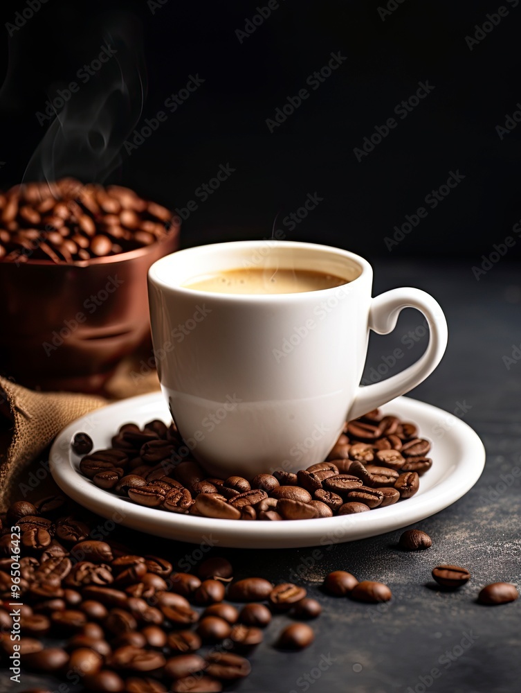 International Coffee Day. White coffee cup stock image. White coffee cup on dark background. Cup of coffee with coffee beans. Coffee Day poster, October 1. with generative ai International Coffee Day. White coffee cup stock image. White coffee cup on dark background. Cup of coffee with coffee beans. Coffee Day poster, October 1. with generative ai