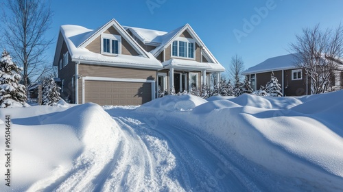 Close up view of a pile of snow being cleared from the driveway of a modern single-family home after a snowstorm. Ai generated image