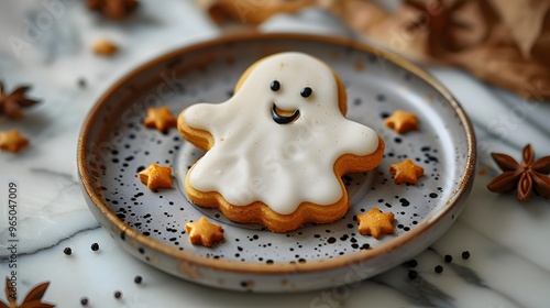 6. "A minimalist image with a white background featuring a single ghost-shaped cookie, positioned in the center