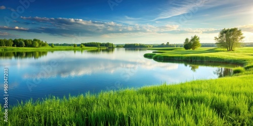 Tranquil field of lush grass with calm water in the background, field, grass, water, background, peaceful, serene, tranquil