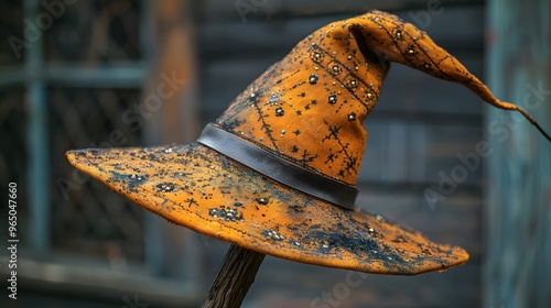 A witch's hat perched on a broomstick, with mystical symbols etched into the brim