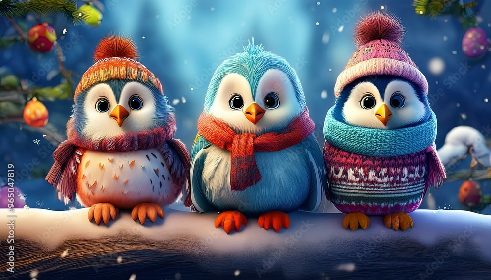 Obraz premium Three owls in winter