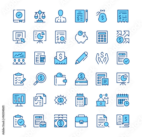 Accounting icons. Outline symbols. Vector blue line icons set