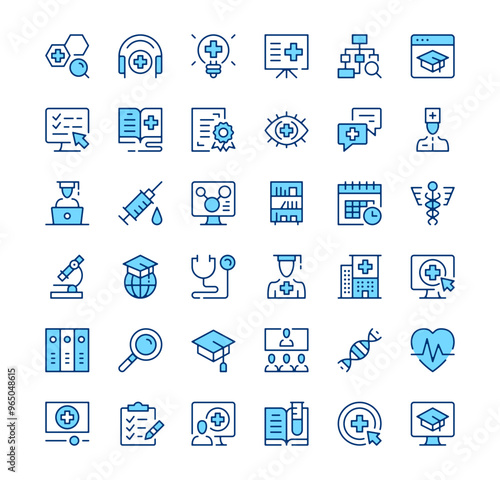 Medical education icons. Outline symbols. Vector blue line icons set
