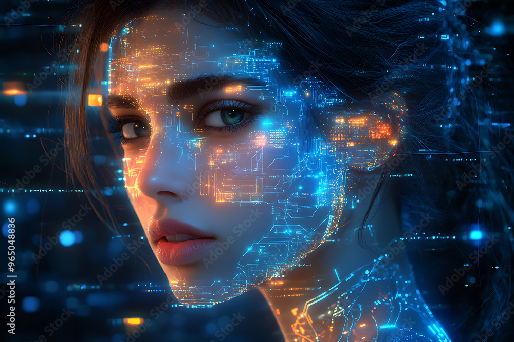 A digital illustration of an AI robot head with glowing blue eyes and circuit patterns on the skin, set against a dark background A digital illustration of an AI robot head with glowing blue eyes and circuit patterns on the skin, set against a dark background