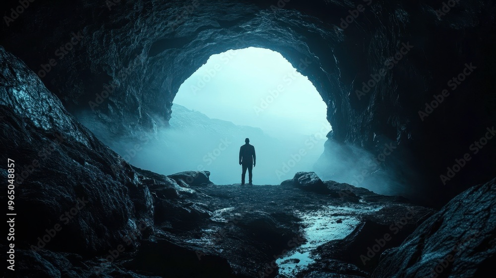 custom made wallpaper toronto digitalA shadowy figure standing at the entrance of a cave, [fear of the unknown], [journey into darkness]