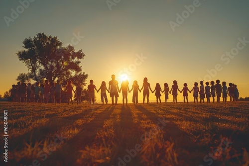 Children holding hands in silhouette against a stunning sunset, symbolizing unity, friendship, and hope in a serene outdoor setting.