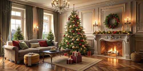 Elegant living room with a beautifully decorated Christmas tree surrounded by gifts and ornaments, Christmas, tree