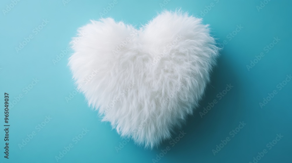 Fluffy heart-shaped pillow on turquoise background. Cozy and warm home decor concept Fluffy heart-shaped pillow on turquoise background. Cozy and warm home decor concept