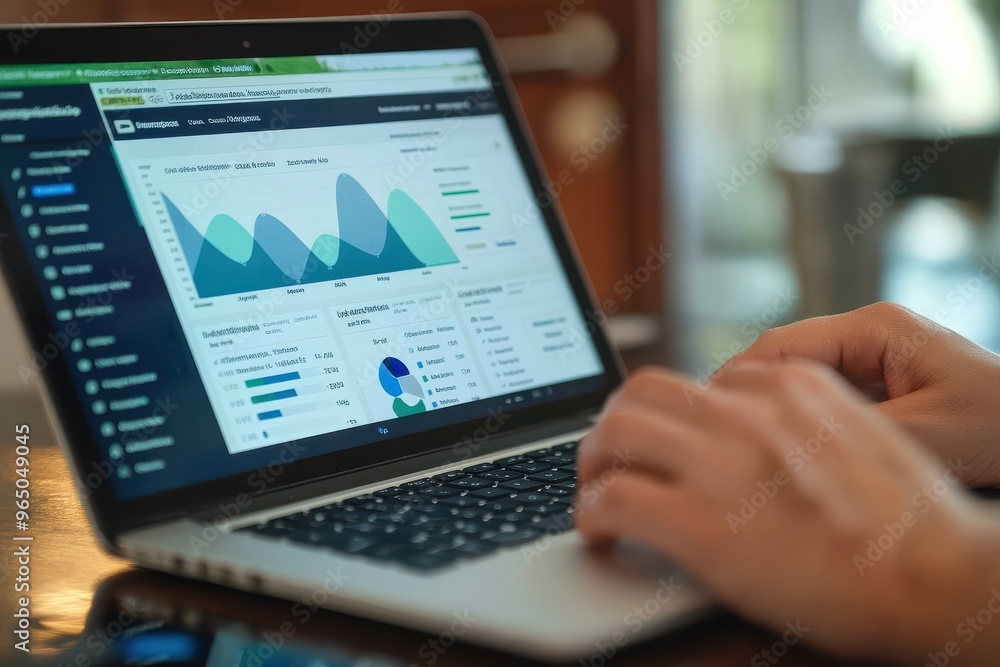 A laptop is open to a screen displaying a graph A laptop is open to a screen displaying a graph