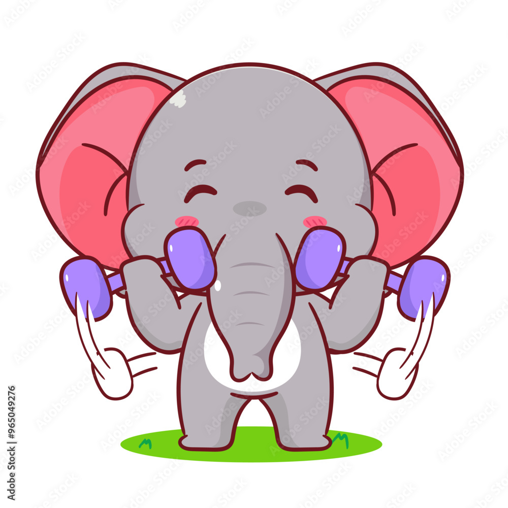 Obraz premium Cute elephant weightlifting exercise cartoon vector. Adorable and kawaii animal concept design. Mascot, icon, logo illustration. Isolated white background