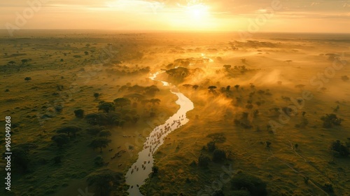 A breathtaking aerial view of a winding river at sunrise, surrounded by lush greenery and soft mist, creating a serene landscape. photo