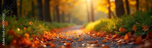 A peaceful autumn path with scattered orange leaves and soft sunlight filtering through the trees photo