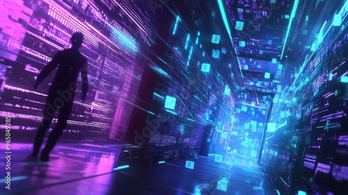 A silhouette of a person walks through a futuristic, neon-lit digital tunnel filled with floating data blocks, depicting a journey through cyberspace.