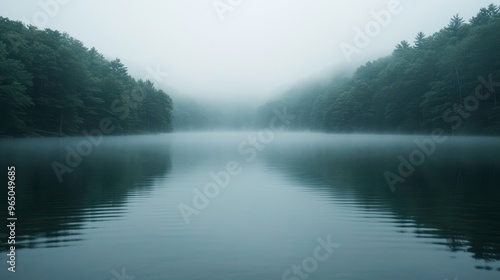 Fototapeta Naklejka Na Ścianę i Meble -  A fog-covered lake with no reflection visible, [uncertainty], [loss of direction]