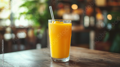  glass of mango juice on the table ,at cafe 