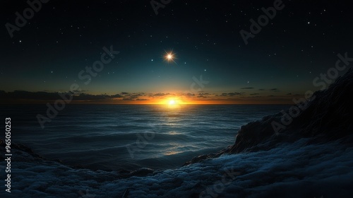 A single star in the twilight sky as the last light fades, [end of a journey], [finality and peace]