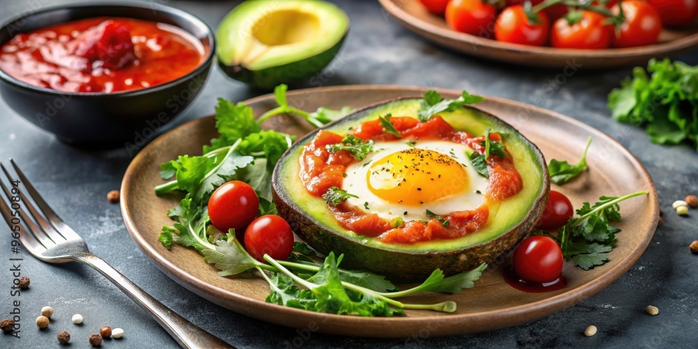 A delicious avocado egg served with rich tomato sauce and fresh salad , healthy, food, breakfast, brunch, gourmet A delicious avocado egg served with rich tomato sauce and fresh salad , healthy, food, breakfast, brunch, gourmet